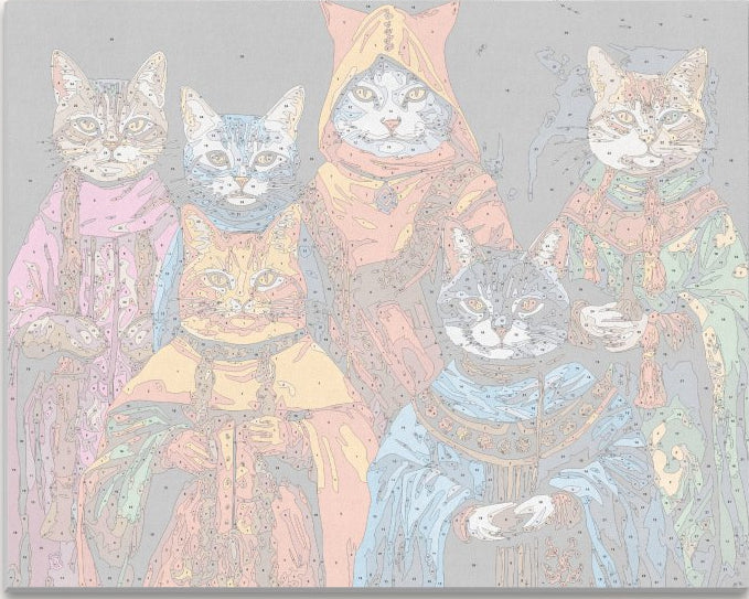 The image presents a vivid and imaginative scene featuring four stylized, anthropomorphic cats with distinct personalities, each donning unique attire.