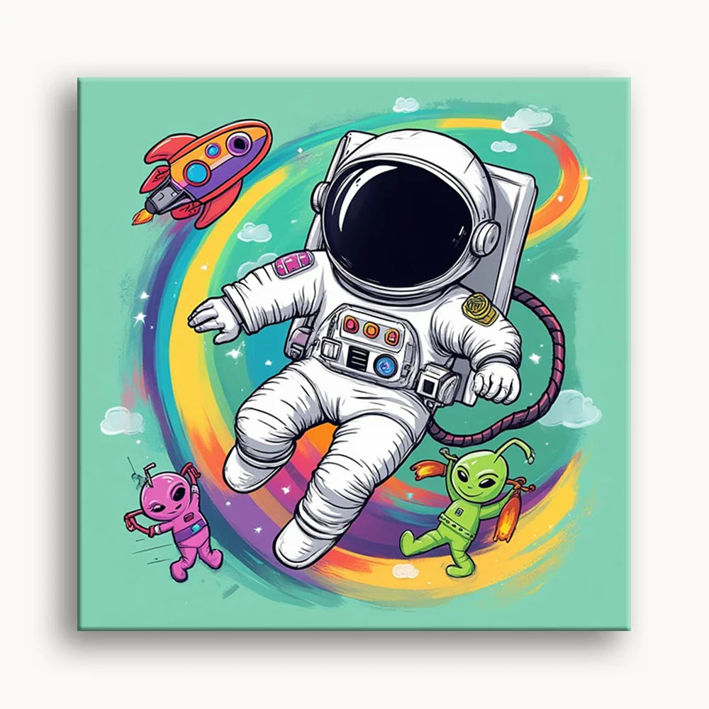An astronaut in a spacesuit drifts through space, set against a bright and colorful rainbow backdrop.