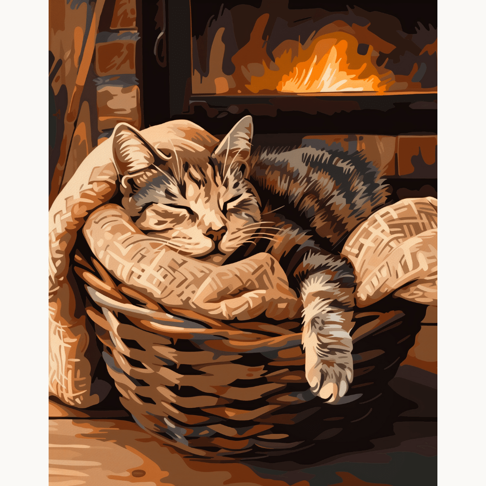 A cozy scene depicts a brown tabby cat comfortably lounging on a wicker basket that rests atop a fireplace.