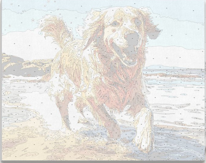 The image features a golden retriever dog running energetically on a sandy beach by the ocean.