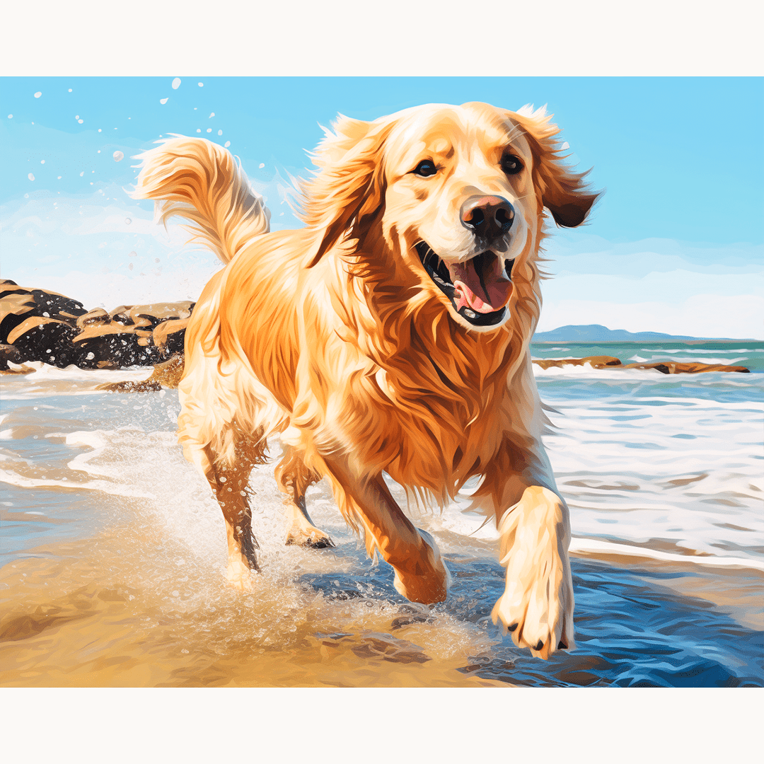 The image features a golden retriever dog running energetically on a sandy beach by the ocean.