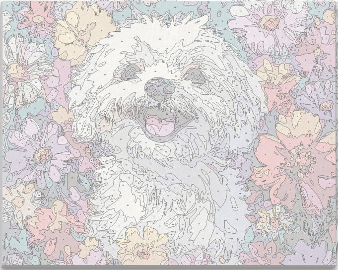 A dog with a happy expression is depicted against a colorful floral background.
