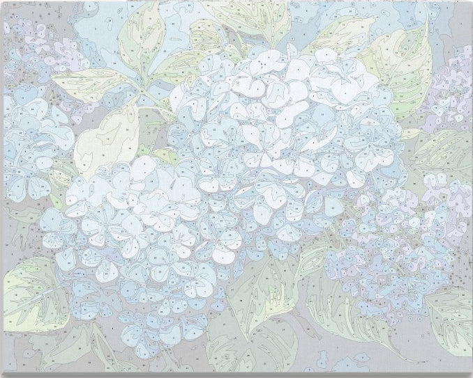 The image presents a captivating floral arrangement centered around large clusters of purple hydrangea blooms.