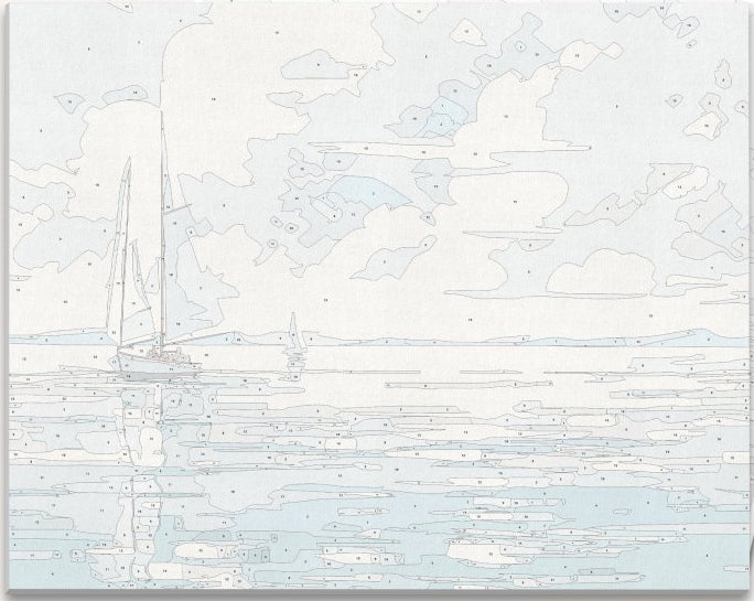 A painting depicts a serene seascape with a sailboat on calm waters under a partly cloudy sky.