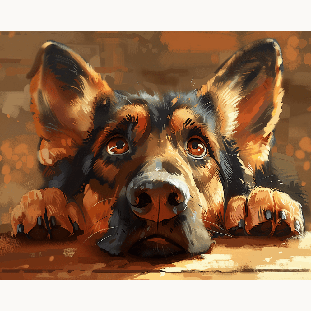 The image portrays a German Shepherd dog positioned behind a window pane.