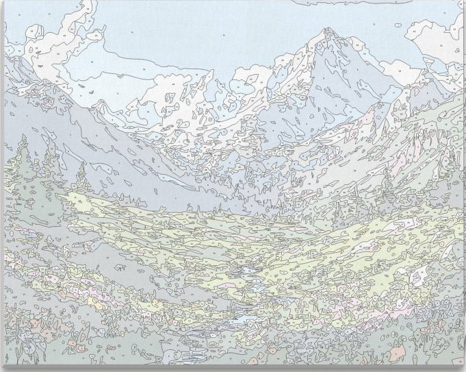 A landscape scene featuring a picturesque mountain range.