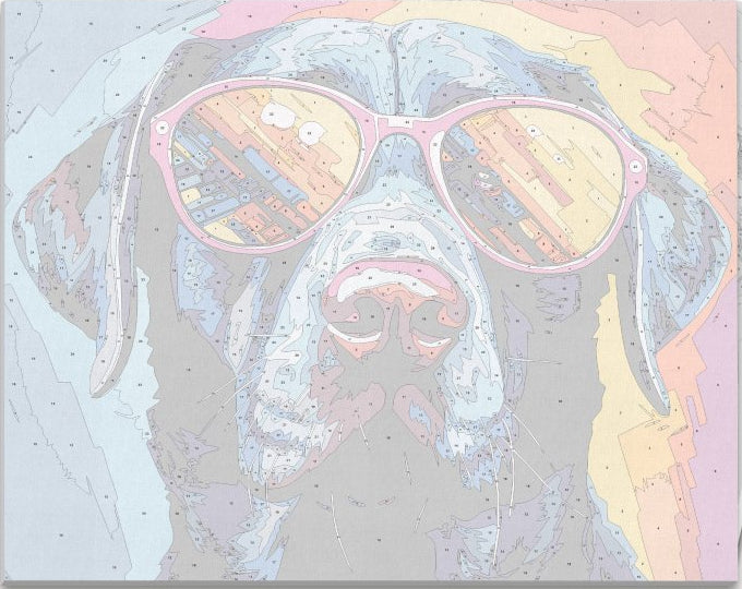 A dog wearing colorful sunglasses and standing against a vibrant backdrop featuring a spectrum of rainbow colors and abstract shapes..