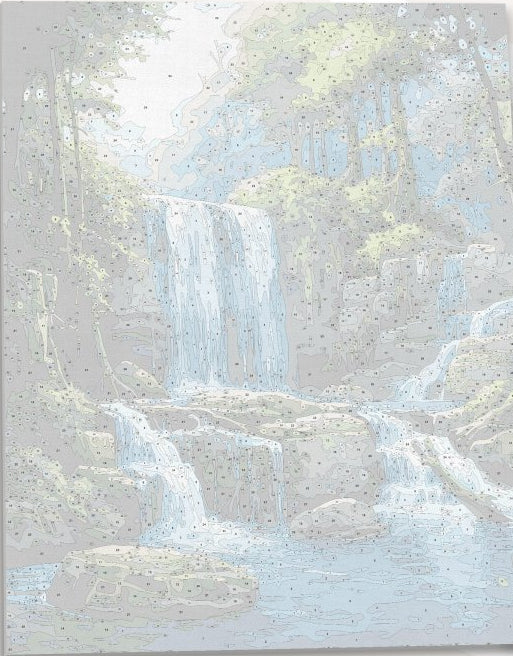 A vibrant landscape scene featuring a majestic waterfall cascading down a rocky cliff face, flanked by lush greenery and dense forests, all under a blue sky, suggesting a tranquil yet wild environment, possibly in a mountainous area..