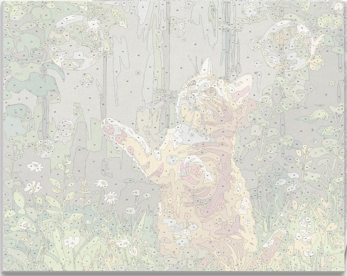 This is a colorful illustration featuring an orange tabby cat standing on a grassy area with a wooden fence.
