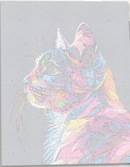 An artistic cat poster featuring a feline character with striking fur patterns and vibrant colors set against a dark background..