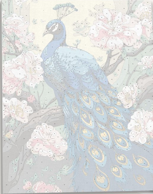 A peacock, adorned in vibrant plumage and an elegant blue headpiece, stands majestically on a branch among blooming cherry blossoms..