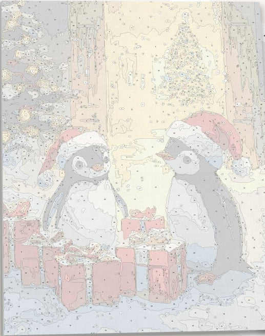 In this festive scene, two penguins are standing amidst a blanket of snow on Christmas Eve night.