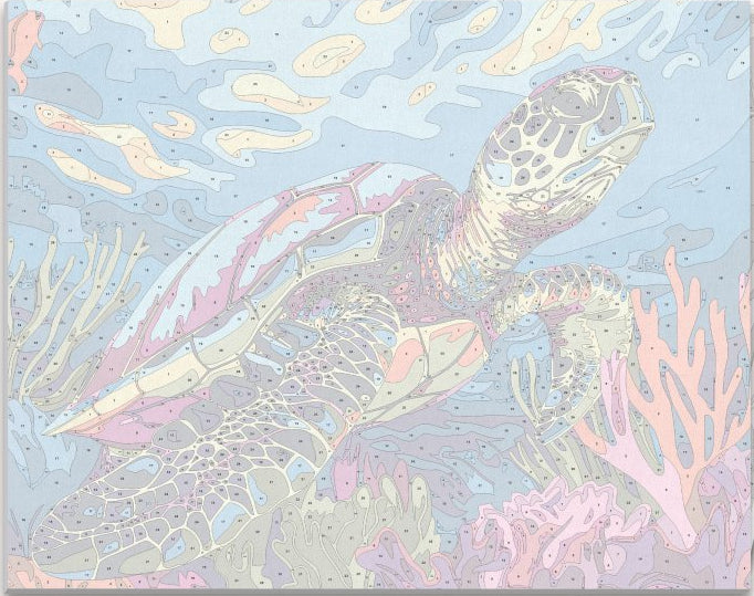 A colorful turtle swimming through a vibrant coral reef, set against a backdrop of an underwater cave.