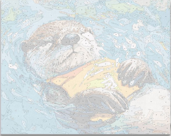 An otter in a yellow life vest is swimming in a blue body of water.