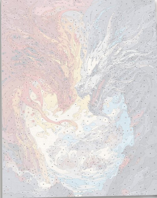 In the center of a vast sky backdrop, two dragons engage in a fierce battle.