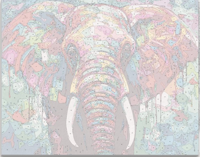 This image features a large, colorful elephant painted on a canvas with vibrant, patchwork patterns that resemble an abstract cityscape, predominantly in shades of pink and purple.