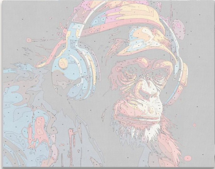 This image features a vibrant and colorful illustration of an anthropomorphic chimpanzee wearing headphones around its neck, focused intently on the music it's listening to.