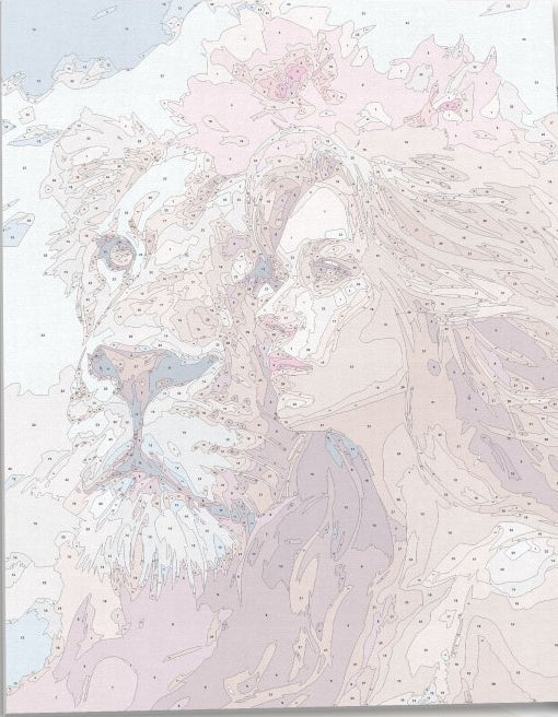 An artistic digital painting depicts a female figure with long hair, standing close to a majestic lion with pink flower crown.
