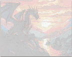 In the image, a majestic dragon stands on a cliff overlooking a serene lake under a vibrant sunset.