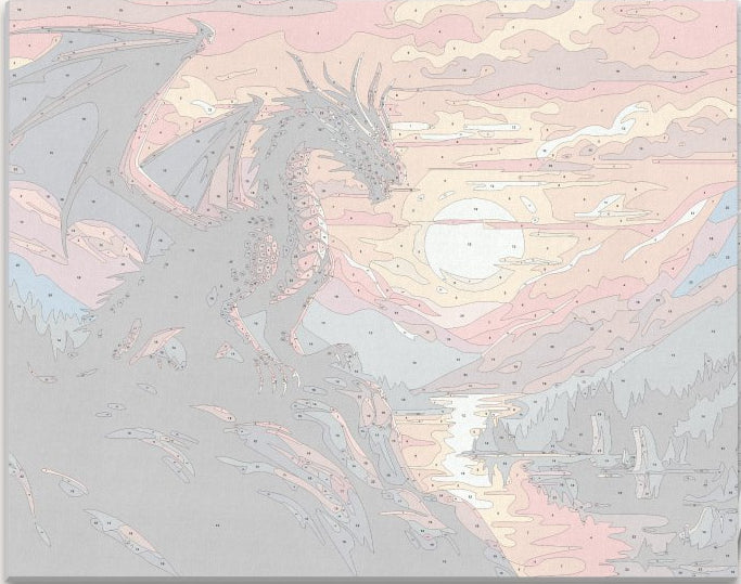 In the image, a majestic dragon stands on a cliff overlooking a serene lake under a vibrant sunset.