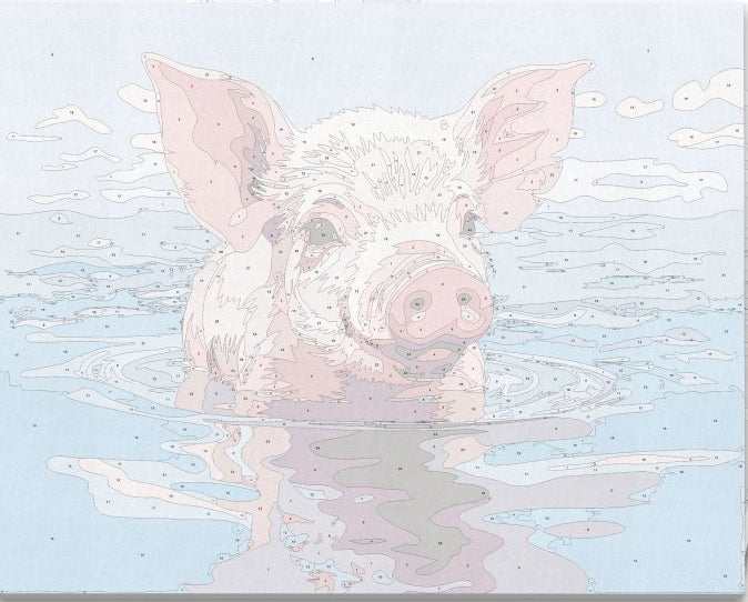 A pink pig is swimming peacefully in a large body of water under a clear sky..