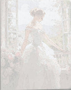 This image features a portrait-style painting of a young woman standing at an open window, dressed in a pink and white bridal gown.