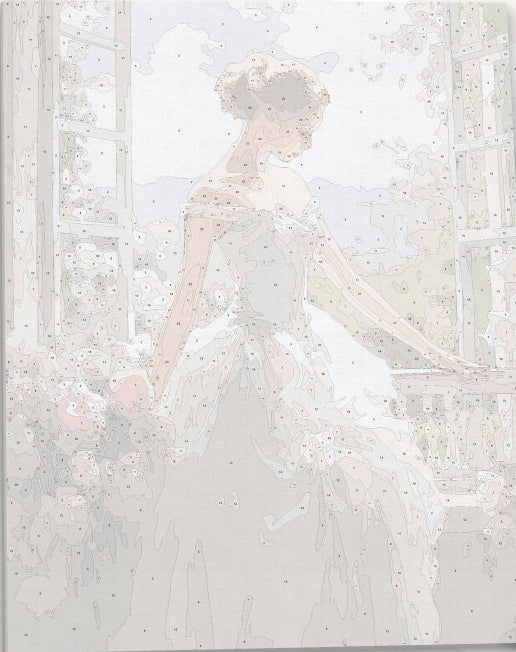This image features a portrait-style painting of a young woman standing at an open window, dressed in a pink and white bridal gown.