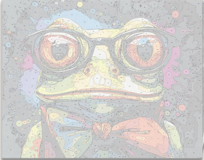 A colorful poster prominently features a cartoon frog wearing glasses and a bowtie, sporting a large orange eye and sitting amidst a burst of vibrant multicolored dots, giving an impression of fun or celebration..