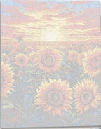 The image showcases a vibrant sunset scene, where the sun dips low on the horizon, casting a warm glow over a field of ripe sunflowers.