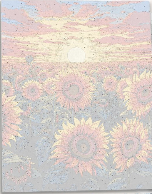 The image showcases a vibrant sunset scene, where the sun dips low on the horizon, casting a warm glow over a field of ripe sunflowers.