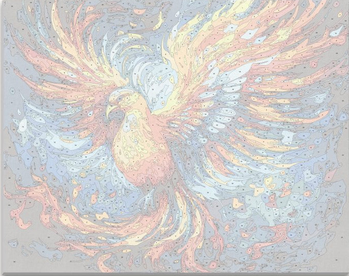 An artistic representation of a phoenix-like bird soaring through a vibrant, abstract background filled with fiery colors and intricate patterns..