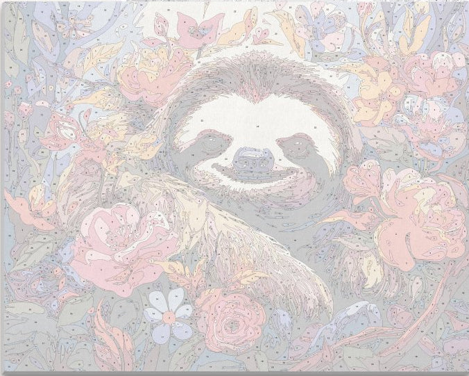 In the center of a vibrant floral backdrop, a sloth with distinctive brown and white fur is seated among the blooms.