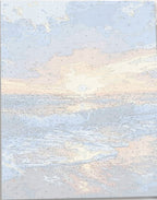 The image showcases a vibrant beach scene during sunset.
