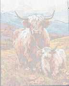 In the image, two cows, one larger and one smaller, are standing together on a grassy hillside.