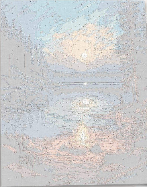 A scenic nighttime landscape showcases a serene lake surrounded by forested mountains under a starry sky.