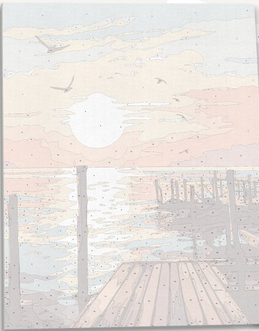 A tranquil sunset scene depicts a wooden dock extending into calm waters.