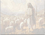 A biblical scene features a shepherd with a staff, leading a flock of sheep across a pasture..
