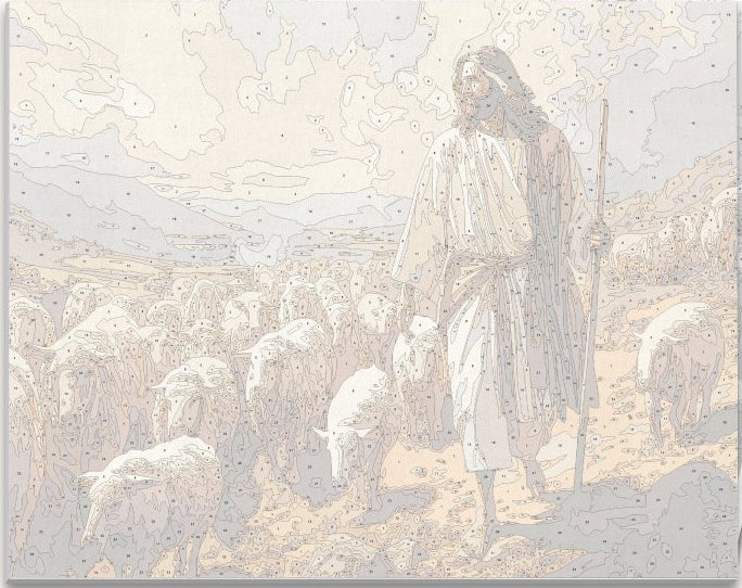 A biblical scene features a shepherd with a staff, leading a flock of sheep across a pasture..