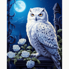 In the image, a majestic white owl with spotted feathers and glowing eyes is perched on a ledge.