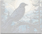 The image features a stylized illustration of a raven perched on a branch of a tree.