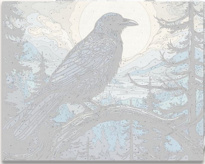The image features a stylized illustration of a raven perched on a branch of a tree.