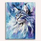 The image presents a captivating portrait of a cat against a vibrant purple and blue background.