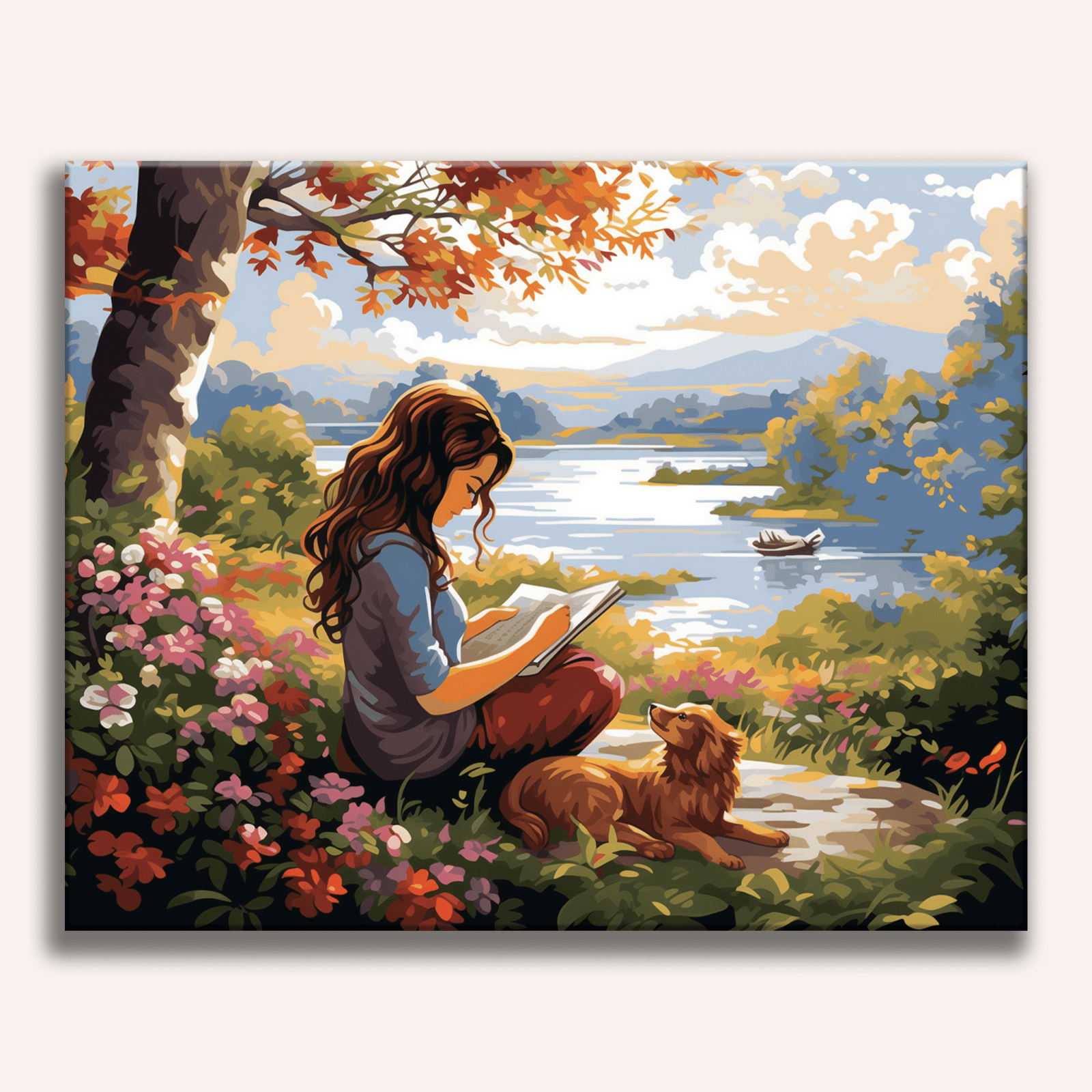 A cozy stack of vintage books with a sleeping cat and a teacup - Finished Accompanied Reading Paint by Numbers - ColorEasePaint