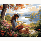 A person sits by a riverbank, immersed in reading a book.