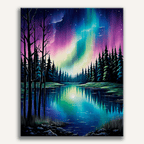 Vibrant green and purple Northern Lights reflecting on a calm night lake - Finished Aurora Lake Silence Paint by Numbers - ColorEasePaint