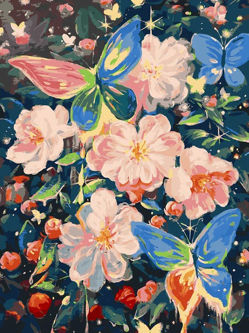 Complete DIY paint by numbers kit with a full set of floral-toned acrylic paints for Begonia Butterfly - ColorEasePaint