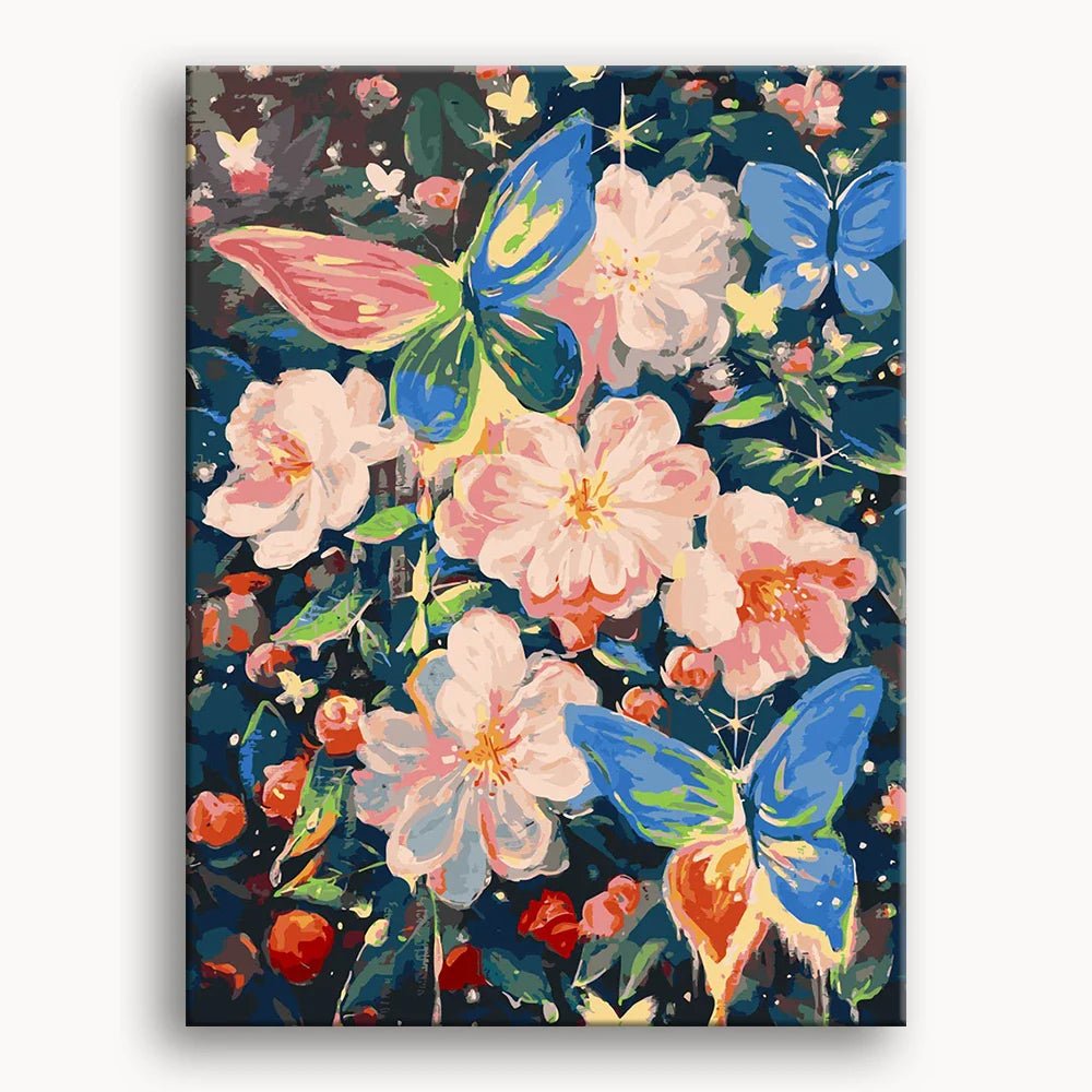 Detailed begonia flowers with a colorful butterfly - Finished Begonia Butterfly Paint by Numbers - ColorEasePaint