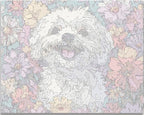 A dog with a happy expression is depicted against a colorful floral background.