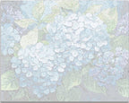 The image presents a captivating floral arrangement centered around large clusters of purple hydrangea blooms.