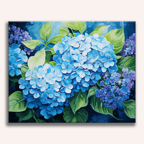 Close-up of a vibrant blue hydrangea flower with green leaves - Finished Blue Hydrangea Paint by Numbers - ColorEasePaint
